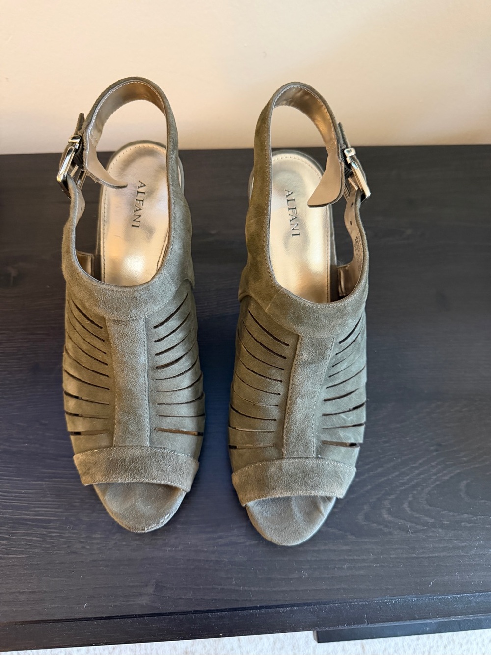 Alfani Olive Suede Laser-Cut Slingback Heels